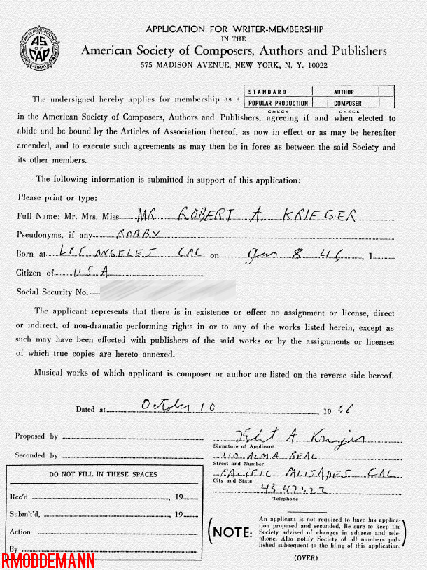 Robby Krieger ASCAP Application