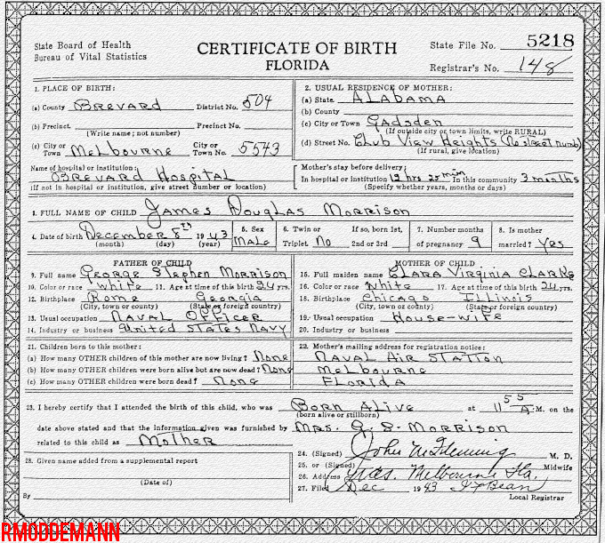Jim Morrison's Birth Certificate