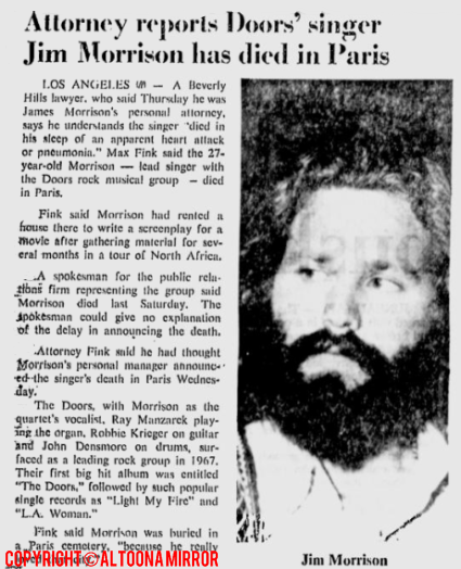 Attorney reports Doors' singer Jim Morrison has died in Paris