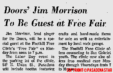 Doors Jim Morrison to be Guest At Free Fair