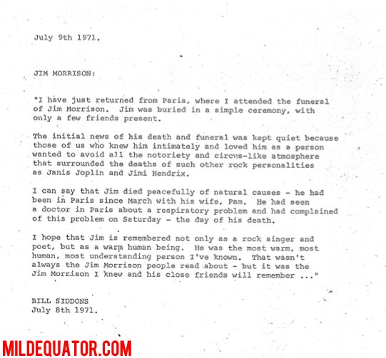 Bill Siddons Original Typed Statement On The Death Of Jim Morrison 1971