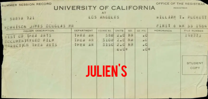 Jim Morrison - UCLA Summer 1964 Course Registration Sheet