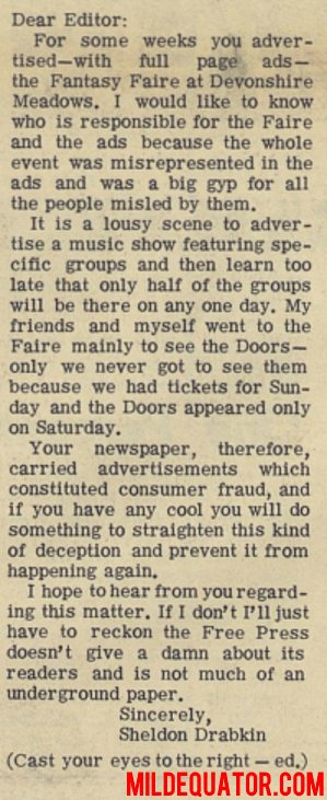 The Doors - Devonshire Downs 1967 - Letter To The Editor