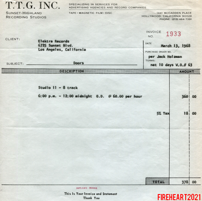 Sunset Sound Invoice