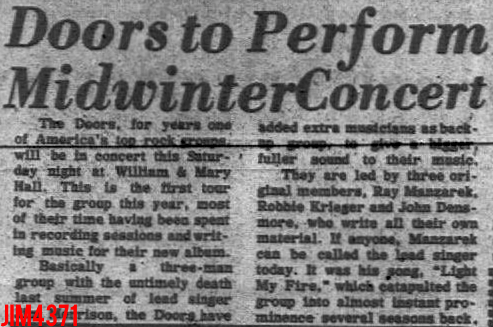 The Doors - College of William & Mary Hall 1972 - Article