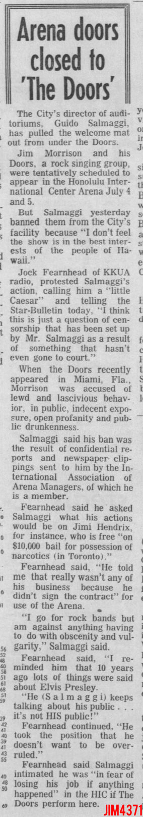 The Doors - Honolulu 1969 - Article