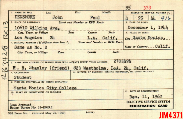 John Densmore's Draft Registration Card
