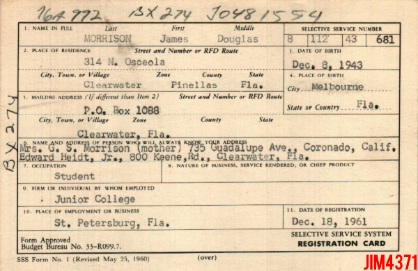Jim Morrison's Draft Registration Card