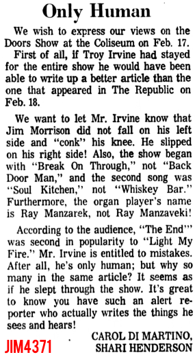 The Doors - Phoenix February 1968 - Letter