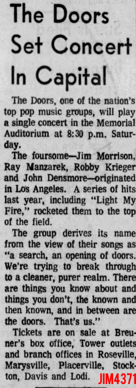 The Doors - Sacramento 1968 - Article