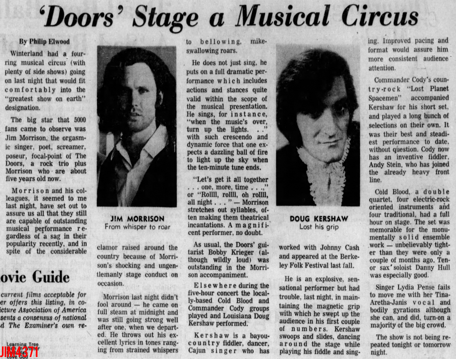 The Doors Winterland 1967 Postcard – Bill Graham Original N/M BG-99 B-16