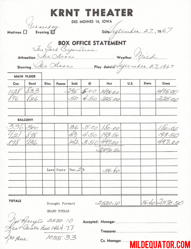 KRNT Des Moines 1967 - Box Office Statement
