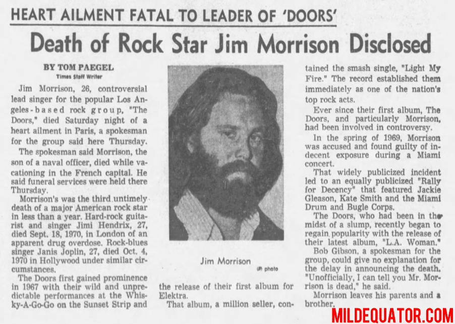 Jim Morrison Death Report - Los Angeles Times
