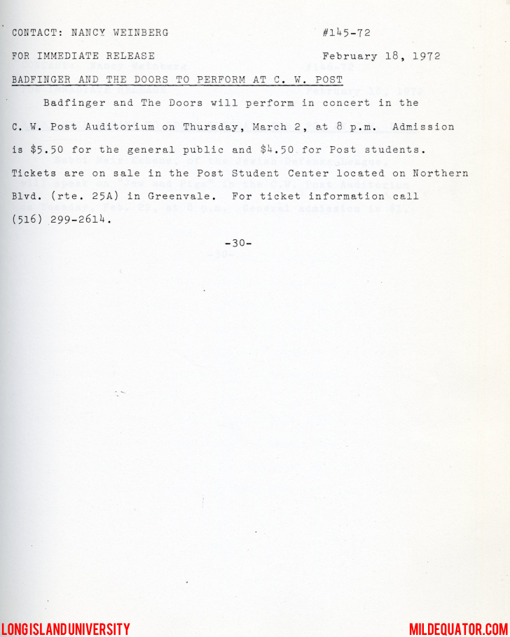 The Doors - C.W. College 1972 - Press Release