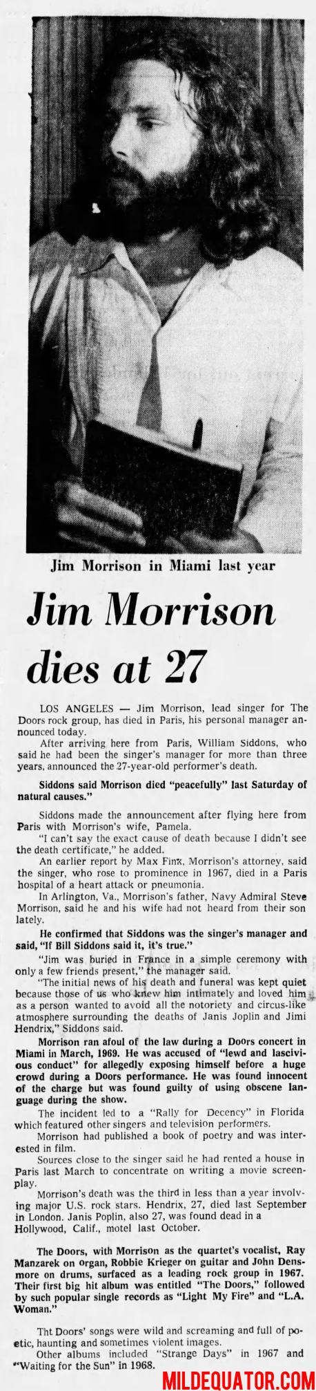 Jim Morrison Death Report - Miami News