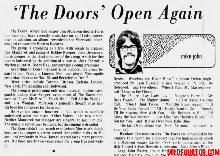 The Doors - Other Voices Tour 1971 - Article