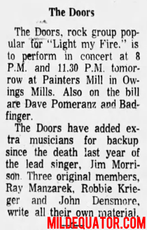 The Doors - Owings Mills 1972 - Article