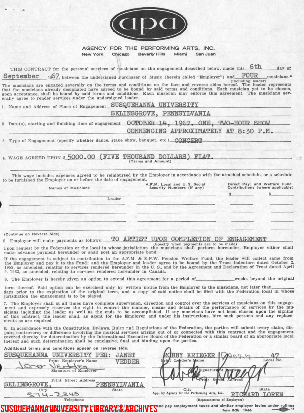 The Doors - Susquehanna University 1967 - Contract