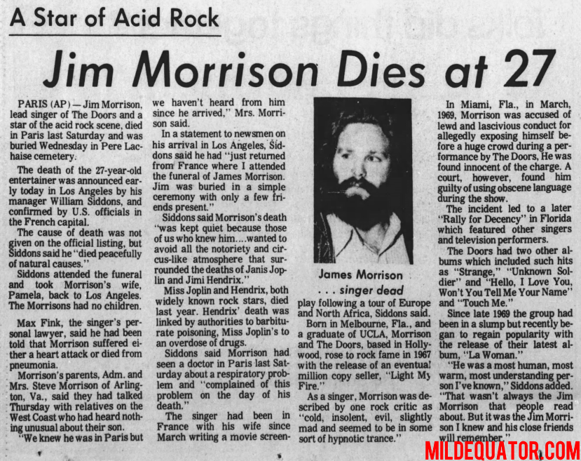 Jim Morrison Death Report - Tallahassee Democrat